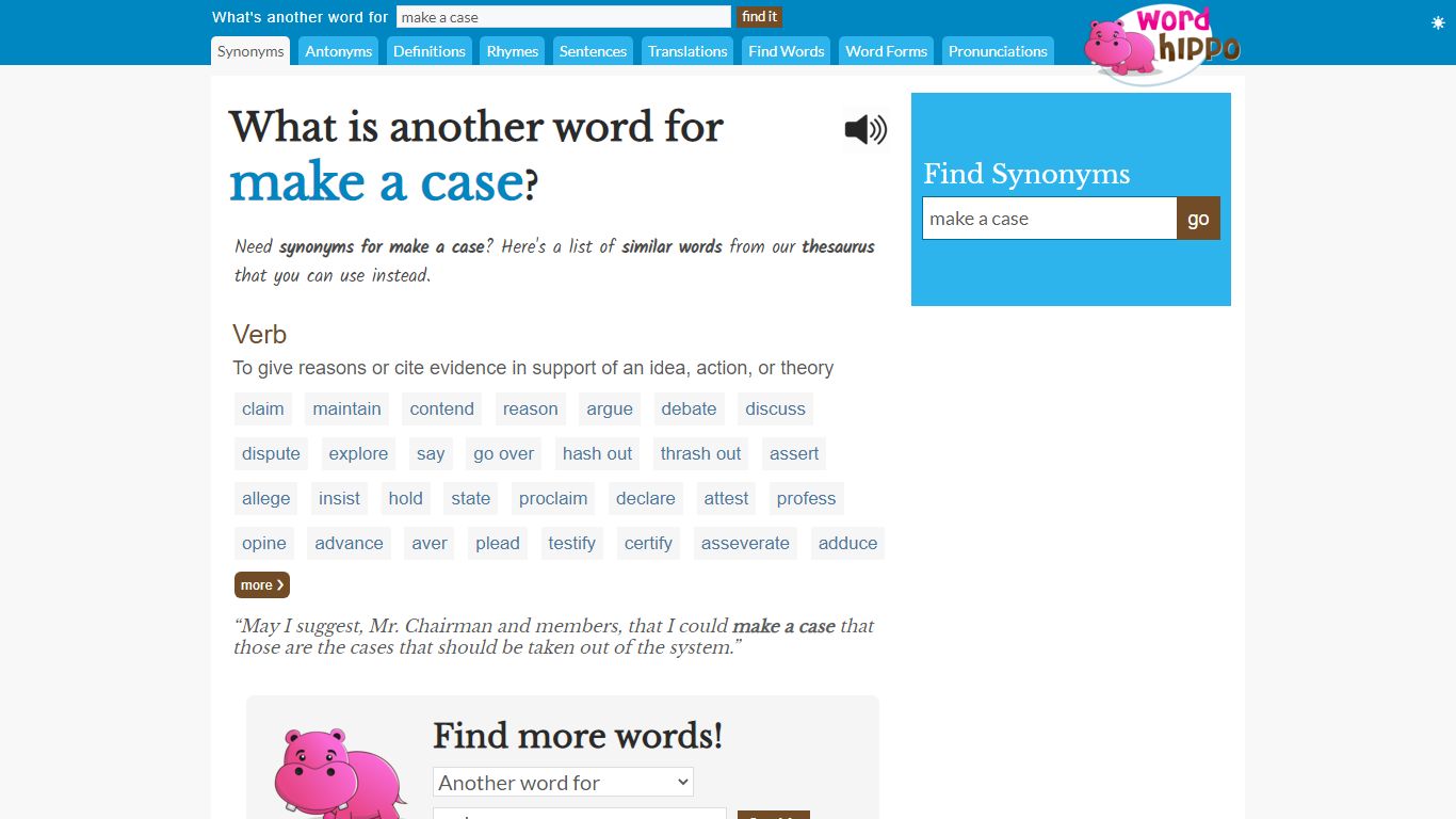 What is another word for make a case - WordHippo